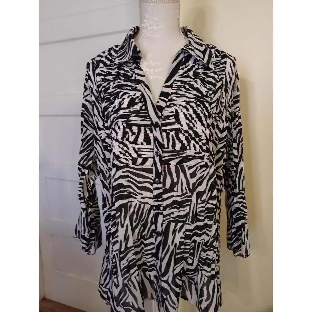 New Directions Womens  2X Animal Zebra Print V-neck Kringle Blouse 3/4 Sleeve